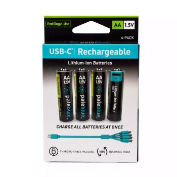 Pack de 4 piles rechargeables AA LR6 USB-C PaleBlue Voyager avec câble de charge