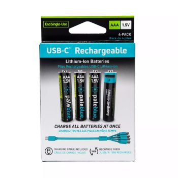 Pack de 4 piles rechargeables AAA LR03 USB-C PaleBlue Voyager avec câble de charge